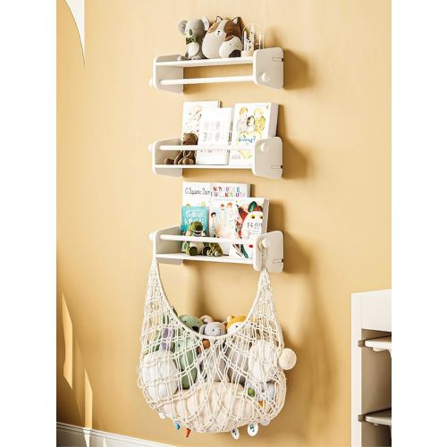 Nursery Floating Book Shelves for Wall: Wood Kid's Bookshelves with Plush Toy Storage Net for Organizer and Decor - Wall Mount Floating Hanging Book Shelf for Kids Room Storage Books & Toys (4-Pack)