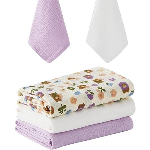 5 Pack Muslin Swaddle Blankets & Baby Burp Cloths, Soft & Breathable Cotton Baby Blankets, Receiving Blankets for Newborn, Nursery Infant Essentials, Swaddling Wrap for Unisex (Purple & White)