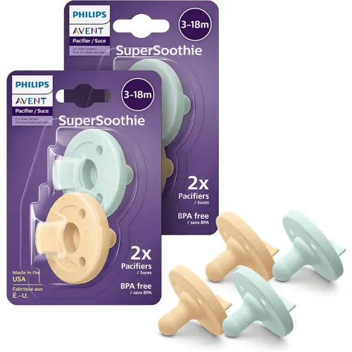 Philips Avent Soothie 3-18 Months Orthodontic Baby Pacifiers, 100% Silicone Pacifiers, One Piece, BPA-Free, 2 Green and 2 Yellow, 4 Pack, Model SCF192/72