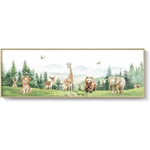 Large Framed Woodland Nursery Canvas Wall Art, Jungle Themed Prints Paintings Decor for Walls, Forest Wild Animals Giraffe Deer Bear Elephant Lion Rabbit Pictures for Kids Boys Baby Girls Room Wall Decor