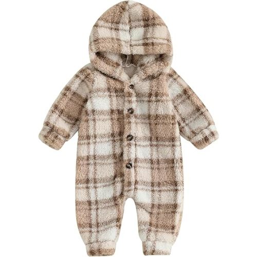 Baby Furry Jumpsuit Newborn Fleece Snowsuit Plaid/Butterfly Long Sleeve One-Piece Hooded Romper Winter Clothes