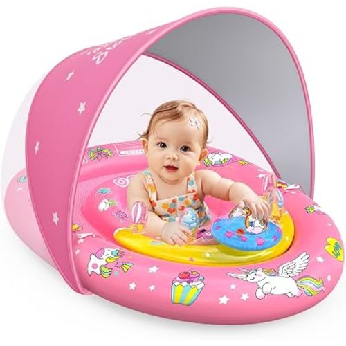 EZIGO Unicorn Baby Pool Float with Canopy, UPF 50+ Sun Shade Girl Swim Ring