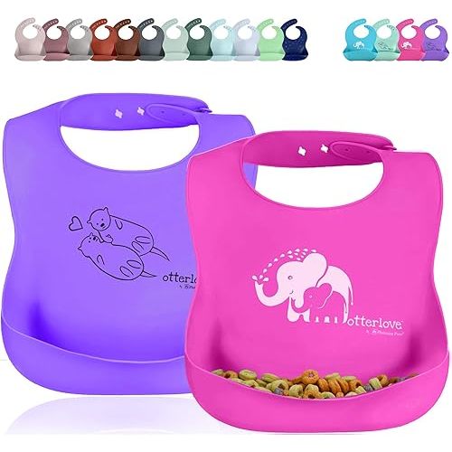 Platinum Silicone Bib - Waterproof Bibs with Wide Food Catching Pocket-Easy Clean-Mess Proof-Dishwasher Safe-Baby Bibs 6-48 months(2 Bib Pack - Pink Elephants & Purple Otters)