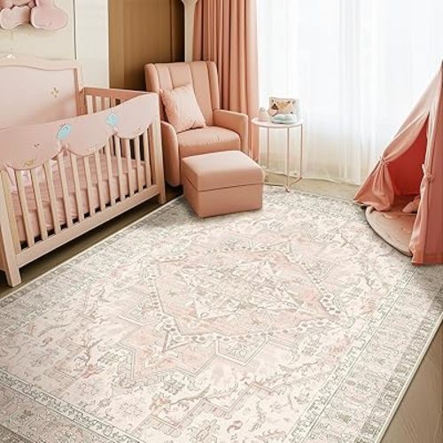 8x10 Area Rug Boho Machine Washable Living Room Rug Non Slip Low Pile Vintage Print Distressed Soft Carpet for Bedroom Diningroom Pink