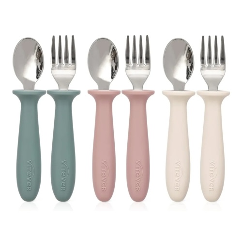 VITEVER 6 Pieces Toddler Utensils, Kids Silverware Set with Silicone Handle, Children Safe Spoons and Forks, 18/8 Stainless Steel, Food-grade Silicone - Dishwasher Safe
