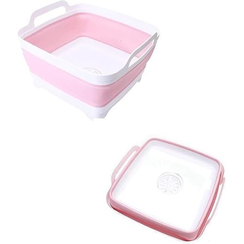 2.4 Gal(9L) Collapsible Wash Basin with Drain Plug, Foldable Dish Tub, Space Saving Camping Sink for Kitchen, Laundry, RV & Baby Bottles, Vegetable Washing, Pink