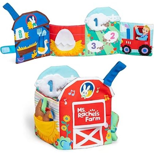 Ms. Rachel Official Sensory Learning Farm, Foldable Soft Baby Book with Plush Cow, Infant Educational Toys for Babies Ages 3 Months to 18 Months