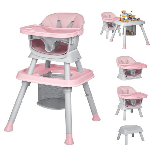8-in-1 High Chair for Babies and Toddlers, Converts to Dining Booster Seat, Kids Table & Chair Set, Building Block Table, Kids Learning Table, Double Removable Tray, Pink