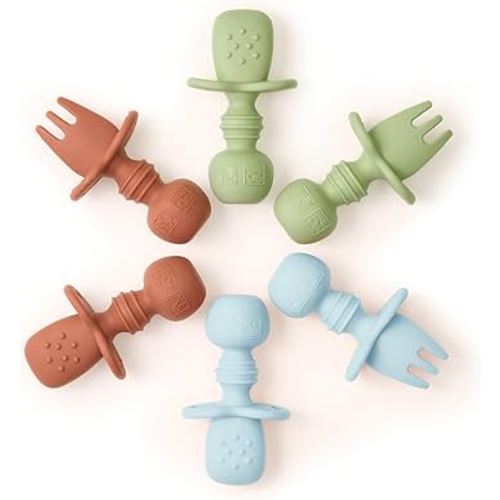 Baby Utensil Set (6 pcs) - Self Feeding Spoons - Silicone & BPA Free - Baby-Led Weaning (BLW) Supplies - Ages 6+ Months - Set of 6 - Brown, Green, & Blue