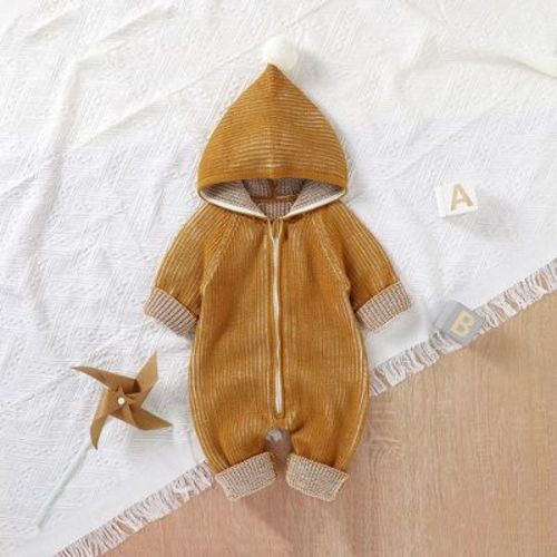 MyKids-USA Baby Solid Color Zipper Front Design Hooded Knitted Romper Brown 66 (3-6M)