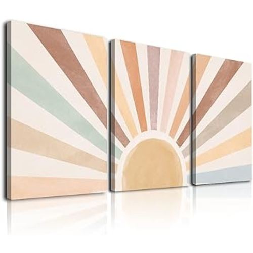 Boho Sun Wall Art Set of 3, Framed Canvas Wall Art Rainbow Sun Rising on the Horizon Geometric Nature Illustrations Line Art Wall, Office, 12"x16" Watercolor
