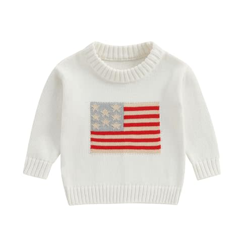 Toddler Baby Boy Girl 4th of July Outfit Long Sleeve Crewneck American Flag Sweater Memorial Day Patriotic Pullover Knit Tops