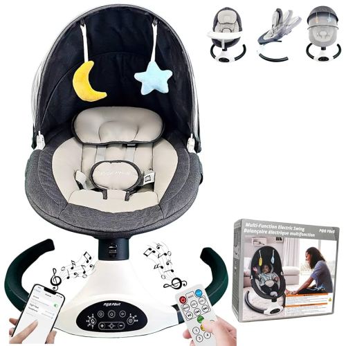 “5-Speed Electric Baby Swing for Newborns & Infants – Bluetooth Music & Remote Control, Portable Infant Bouncer with Timer, Memory-Foam Seat, 5-Point Harness & Plush Toys”(Black)