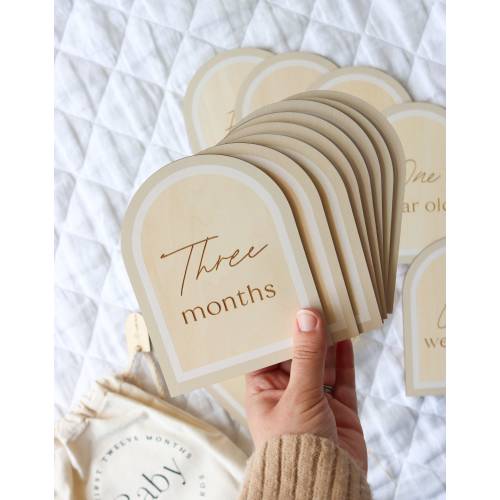 Wooden Baby Milestone Cards with Birth Announcement Plaque | Baby Milestone Card Set | Hello World | Baby Shower Gift | Arch | Beige
