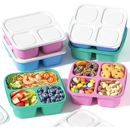 6 Pcs Snack Box Container Set, Reusable 3&4 Compartment Meal Prep Snack Containers for Adults Kids Toddler, BPA-Free Divided Lunchable Container for School, Work and Travel (5 Color)