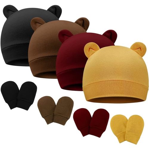 BQUBO Newborn Baby Hats Bear Ears and Mittens Sets Preemie Cotton Caps Baby Boy Girl Infant Hospital Beanie for 0-3 Months