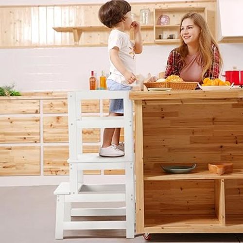 Kids Kitchen Step Stool - Toddler Step Stool for Kids Montessori Learning, Toddler Standing Tower Kitchen Helper Stool with Safety Rail, Wide Platform Design, A Anti-tip Structure, White