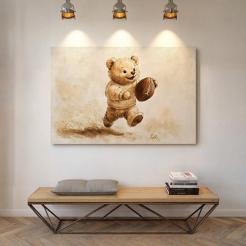 Vintage Football Teddy Bear – Cute Sepia Wall Art For Nursery, Boy’S Room Or Sports Themed Kids Decor Wall Art, Modern Wall Decor, 24x36 UNFRAMED