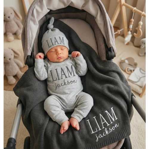 Embroidered Baby Name Outfit Set with Blanket, Personalized Newborn Romper and Hat, Newborn Gift, Coming Home Set, Baby Shower Keepsake
