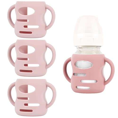 Frezonika 3 Pack Silicone Sleeves Compatible with Dr Brown Wide-Neck Glass Baby Bottles 5 OZ, Anti Breakage Silicone Handles Compatible with Dr. Brown's Glass Bottles for Babies (Pink, 5 OZ)