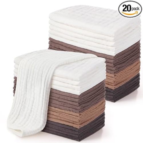 20 Pack Muslin Burp Cloths, 100% Cotton for Baby, Brown