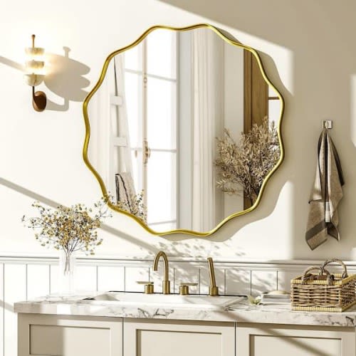 Gold 24 in. W x 24 in. H Round Modern Aluminum Alloy Deep Framed with Decorative Border Vanity Mirror Wall Mirror
