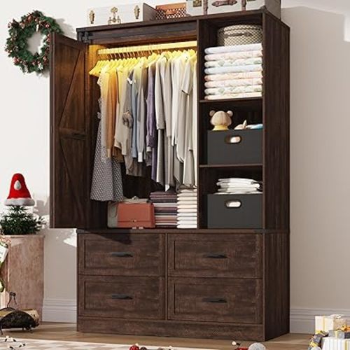 Farmhouse 3 Doors Armoire Wardrobe Closet w/Folding Sliding Barn Door and Lights, LED Armoire Closet w/Drawers for Bedroom, Freestanding Wooden Wardrobe Storage Closets w/Hanging Rod,Rustic Brown