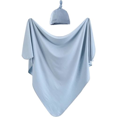 Birth announcement swaddle - iEvolve Cotton Knitted Baby Swaddle Blanket with Hat Headband Set Newborn Swaddle Wrap Receiving Blankets for Baby Girl Boy 35" x 35"(Lightblue)