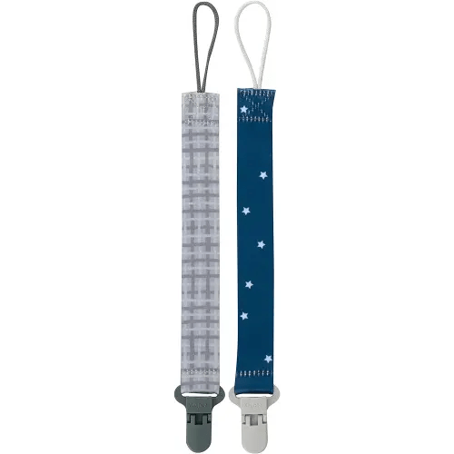 Nuby Pacifinder Pacifier Clip, 2 Pack Pacifier Holder for Boy, Gray Plaid and Blue Stars