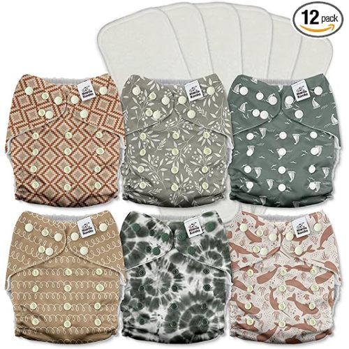 Mama Koala 3.0 Pocket Cloth Diapers for Babies with AWJ Lining, 6 Pack with 6 5-Layer Natural Cloth Diaper Inserts - Reusable and Washable Pocket Diapers(A-Calm Spring)