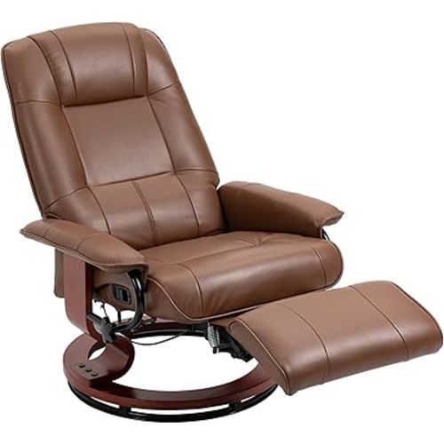 HOMCOM Faux Leather Manual Recliner, Adjustable Swivel Lounge Chair with Footrest, Armrest and Wrapped Wood Base for Living Room, Brown