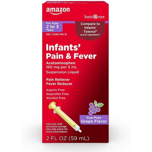 Amazon Basic Care Infants' Pain & Fever, Acetaminophen 160 mg per 5 mL, Suspension Liquid, Dye-Free Grape Flavor, 2 fl oz (Pack of 1) - 2 Fl Oz (Pack of 1)