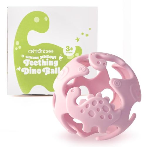 Dinosaur Baby Teething Toys, Textured Sensory Toys for Babies, Lightweight Soft Baby Sensory Toys, BPA-Free Silicone Infant Teething Toys, 0-18 Months, Teething Baby, Easy to Clean - Peach Pink