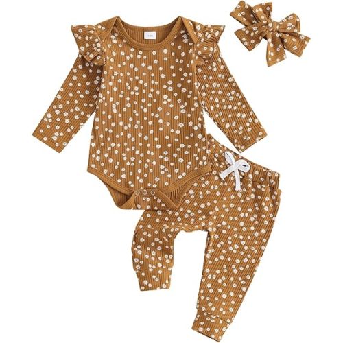 Mandizy Baby Girl Clothes Ribbed Ruffle Long Sleeve Romper Pant Set Newborn Infant Fall Winter Floral Print 3Pcs Outifts