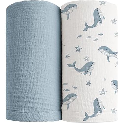 Konssy 2 Pack Muslin Swaddle Blankets, 100% Cotton Receiving Blanket Large 47 x 47 inches for Baby Boys Girls, Soft Breathable Muslin Baby Blanket for Newborn (Blue Whale,Blue)