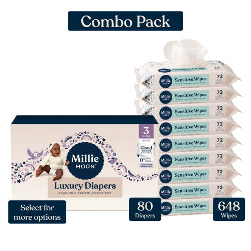 Millie Moon Luxury Diapers, Size 3, 80 Count, and Millie Moon Sensitive Baby Wipes, 9 Pack, 648 Wipes (Select for More Options)