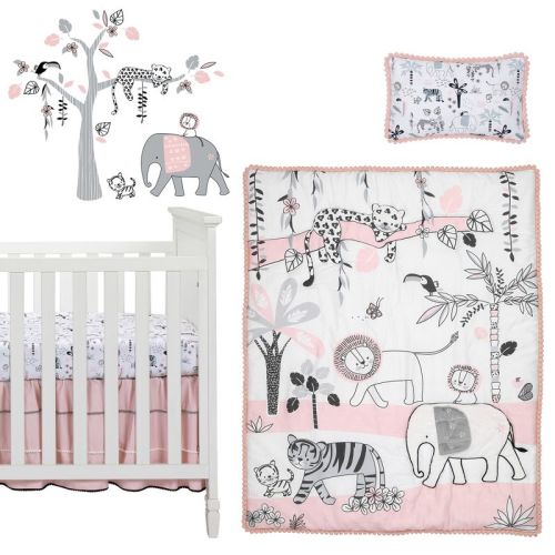 Lambs & Ivy Happy Jungle Pink/White Safari Nursery 5-Piece Crib Bedding Set