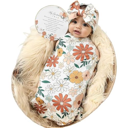 BABY'S FIRST OUTFIT! Galabloomer Newborn Receiving Blanket Headband Set Baby Flower Swaddle (White Yellow Small Flower)
