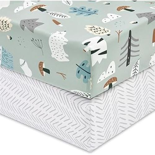 TILLYOU Baby Crib Sheets for Boys Girls, Super Soft Toddler Bed Sheets, 2 Pack Sheets for Standard Crib Mattress 28x52in, Jungle Walk and White Stripes