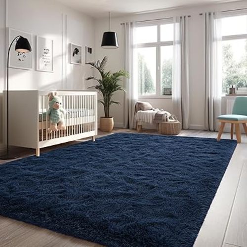 Nuttumico Extra Large Fluffy Shag Area Rug for Living Room, 8x10 ft Navy Blue Fuzzy Plush Rugs for Bedroom, Kids Girls Boys Room, Nursery Dorm Room, Office, Luxury Home Decor