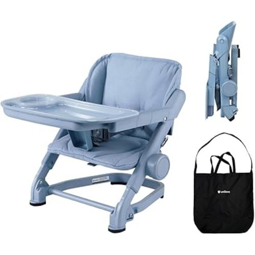 Feed Me 3-in-1 Travel High Chair Booster Seat for Infants and Toddlers - Transitional, Compact & Fits Any Chair, Swivel Tray, Airy Blue