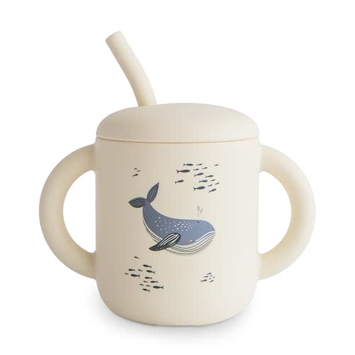 mushie 100% Silicone Training Cup & Straw for Toddlers | 6 Months+ (Whales)