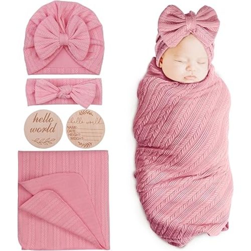 BQUBO Baby Swaddle Blankets for Girls, 4PCS Newborn Accessories Set with Hat and Bow Headband with Hello World Wooden Birth Announcement Card, Baby Blankets for Girls