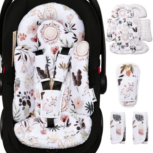 Infant Car Seat Insert, Enlarged Head Support for Baby Carseat, Reversible Newborn Insert with 3 Strap Covers, 2-in-1 Baby Car Seat Cushion for Stroller, Swing, Bouncer, Rocker - Yellow Cat