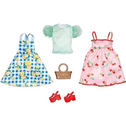 Barbie Fashions 2-Pack Clothing Set, 2 Outfits for Barbie Doll Include 2 Picnic-Themed Dresses & 2 Accessories Including Basket