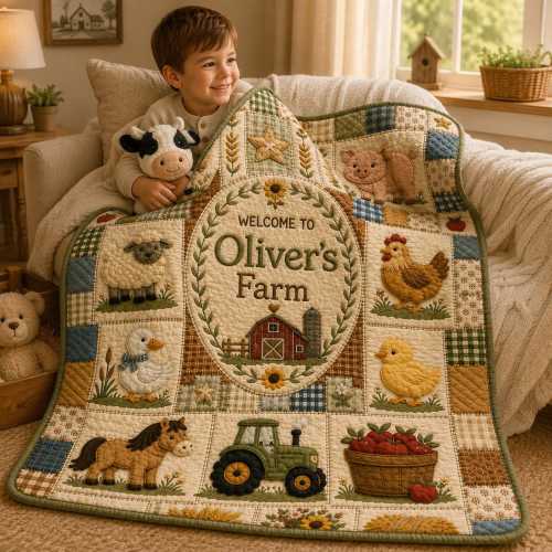 Personalized Farm Animal Baby Blanket | Custom Name Patchwork Cow Pig Sheep Horse | Farm Nursery Blanket | Baby Shower Newborn Gift