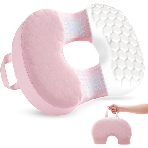 Portable Donut Pillow - Postpartum, Sciatica, Long Sitting - Memory Foam Seat Cushion for Office Chair, Car, Airplane - Foldable, Non-Slip, Washable, Pink