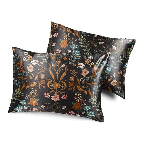 Sweet Jojo Designs Black and Orange Satin Luxury Wildflower Floral for Hair and Skin Pillow Cases Standard Queen Pillowcase Sham Cover Set for Bed Decorative Accent 2 pc. Soft Silky Shiny Shimmer
