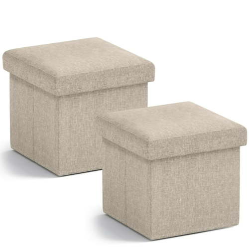 Ornavo Home 2 Pack Small Storage Ottoman Foldable Collapsible Cube Square Linen Ottoman Foot Rest Stool Seat, for Living Room, Bedroom, Home Office, Dorm - 12 x 12 x 12, Beige