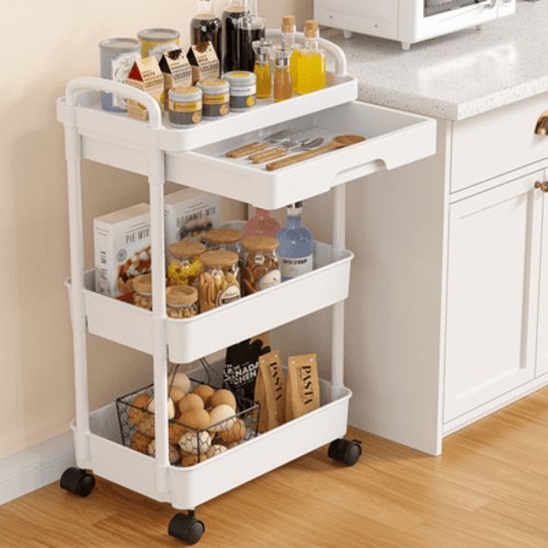 Rolling Utility Cart with Drawer 3 Tier, Plastic Rolling Cart with Handle & Lockable Wheels, Storage Shelves Organizer Cart, Multifunctional Storage Cart for Kitchen Bathroom Office Living Room Black